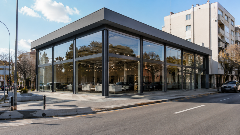 glass storefront street city